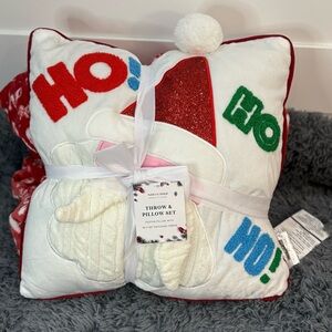 Festive Ho Ho Ho Throw Blanket & Santa Pillow Set Red Green Blue Holiday Decor